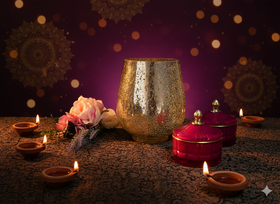 Decorative setup with candles, a rose, and a metallic container on a textured surface with a bokeh background.
