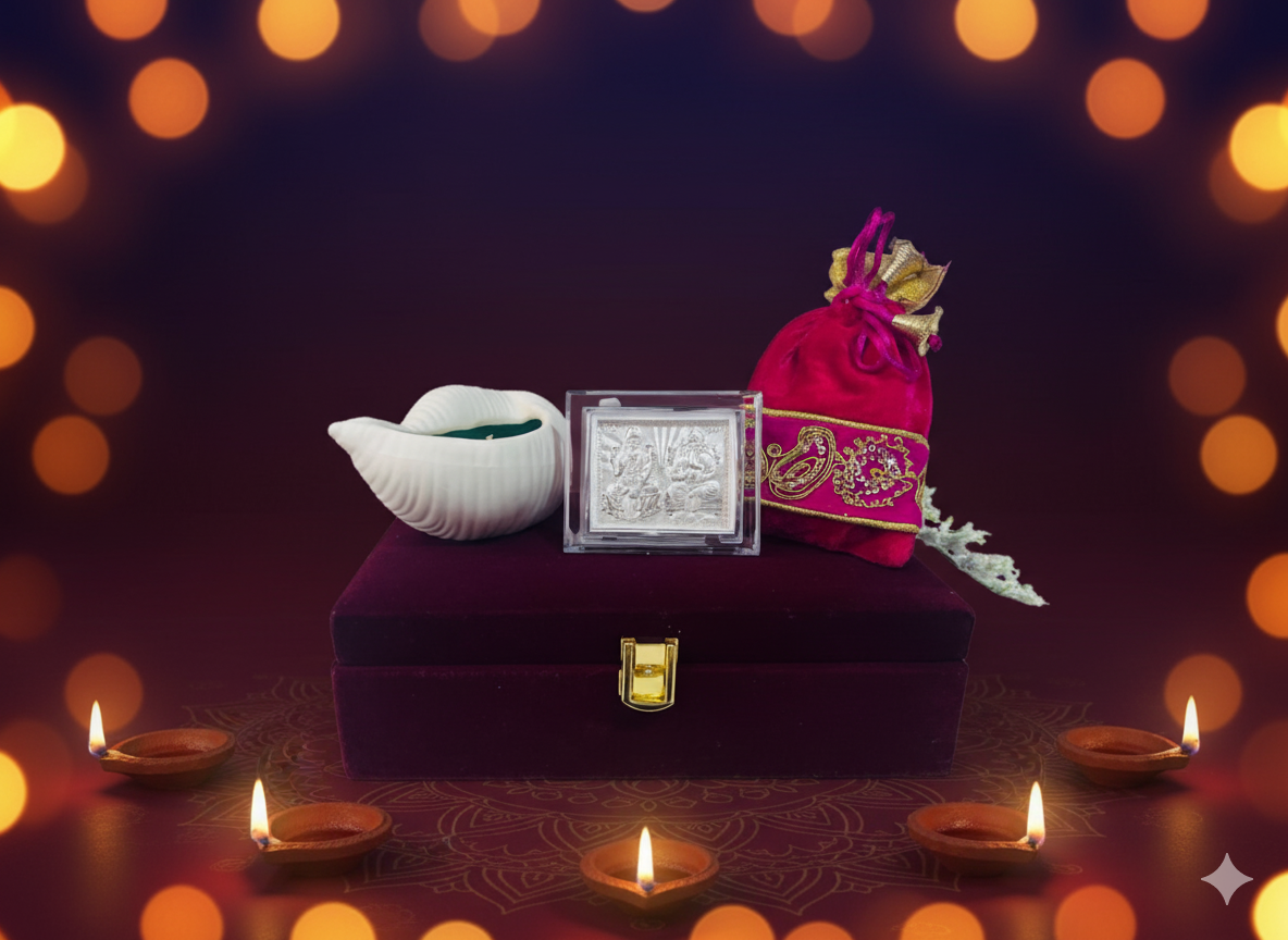 Blossom Hampers Sacred Shankh Hamper with Pure Silver Lakshmi Ganpati frame, shankh-shaped candle, and dry fruit potlis in a magenta velvet box.