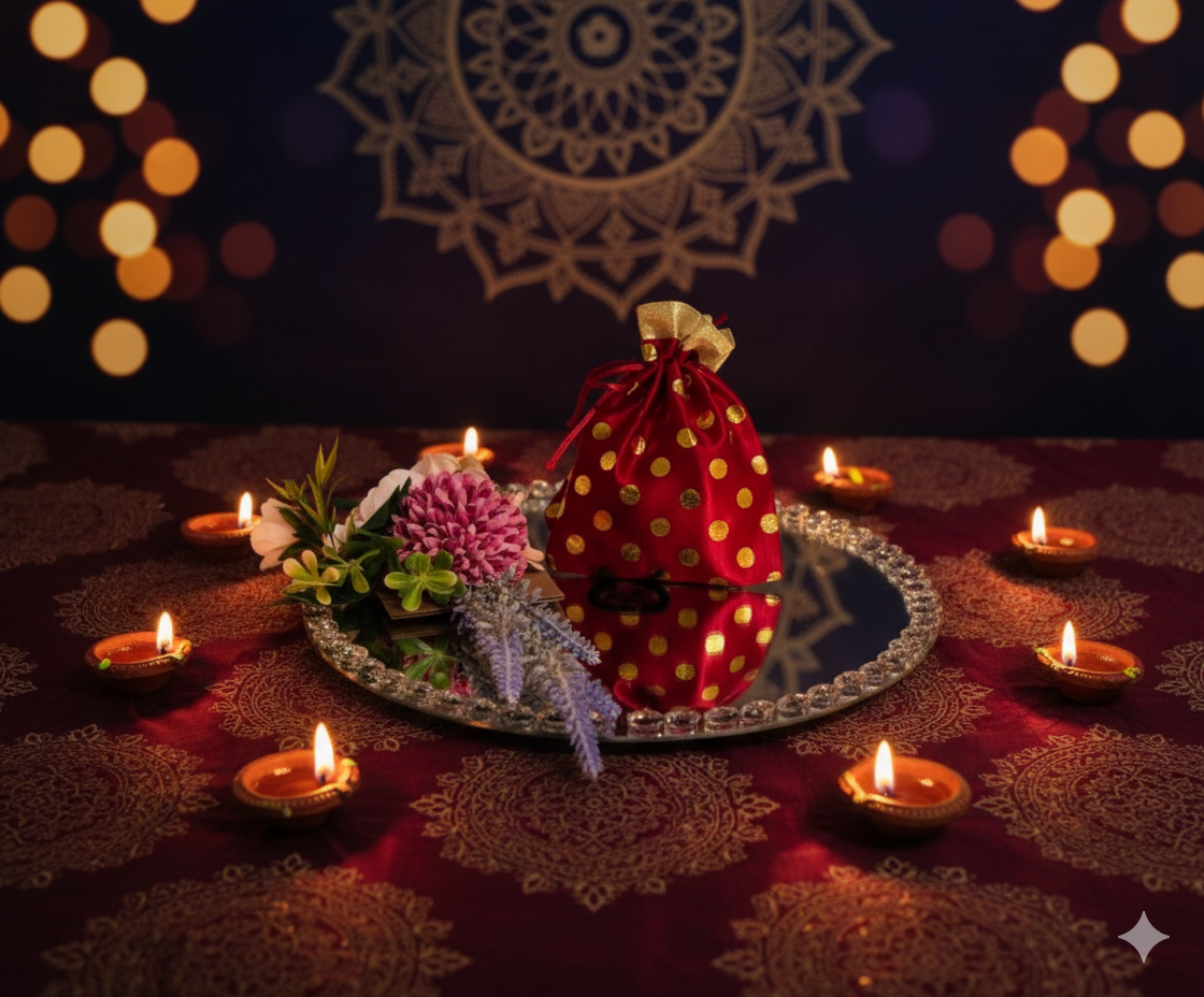 Decorative setup with red polka dot bag, flowers, and lit candles on a dark background