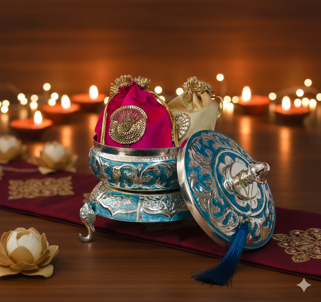 Decorative pot with pink and gold top on a wooden surface with blurred candles in the background