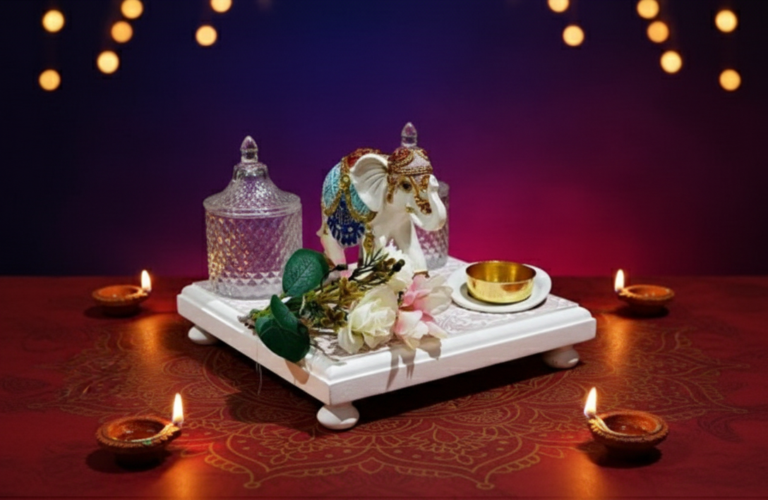Blossom Hampers Royal Grace Elephant Figurine Gift Set on a white floral Chawki platform with crystal dry fruit jars.