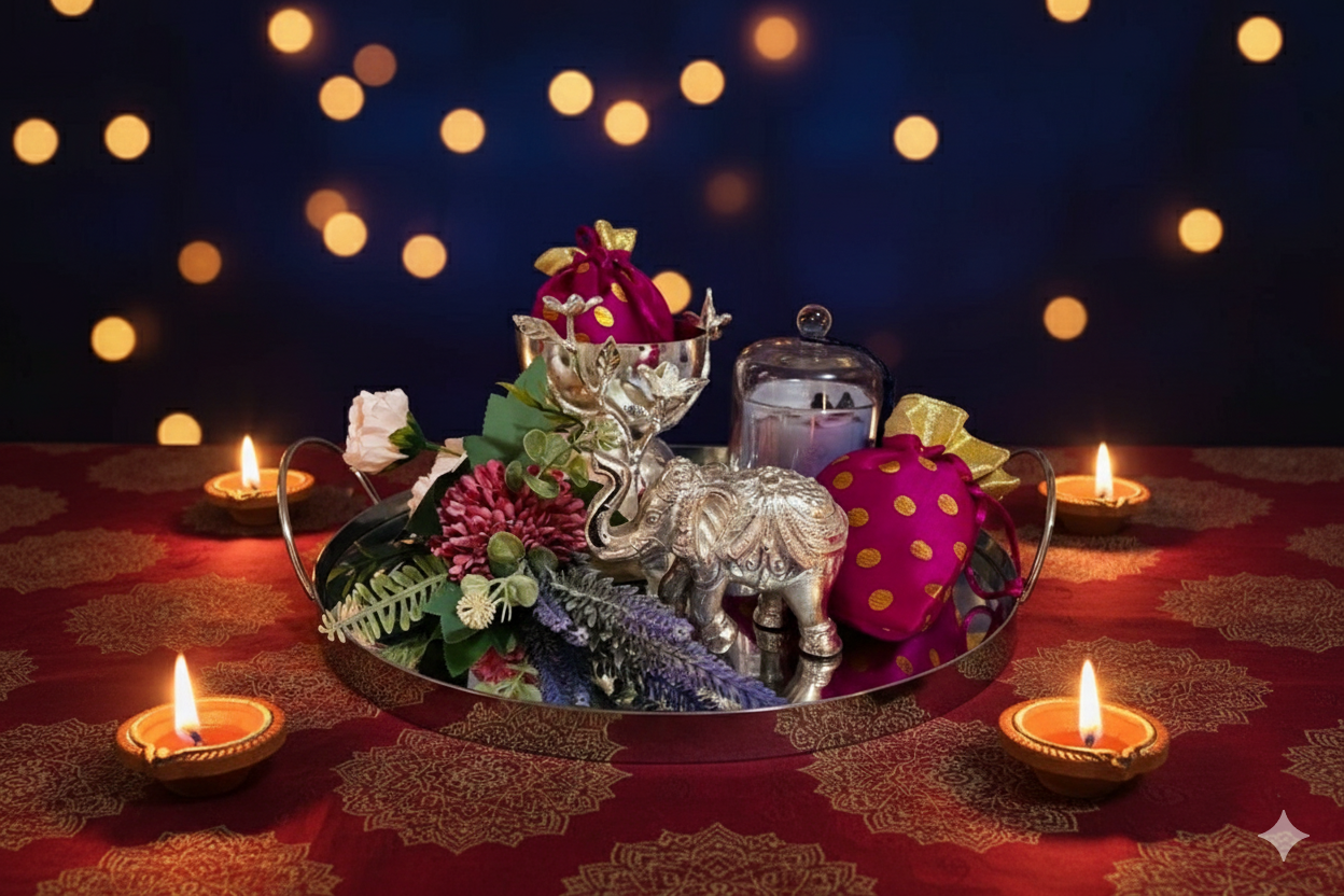 Blossom Hampers Silver Elephant Idol Gift Hamper on a mirrored tray with dry fruit potlis and scented candle for festive gifting.