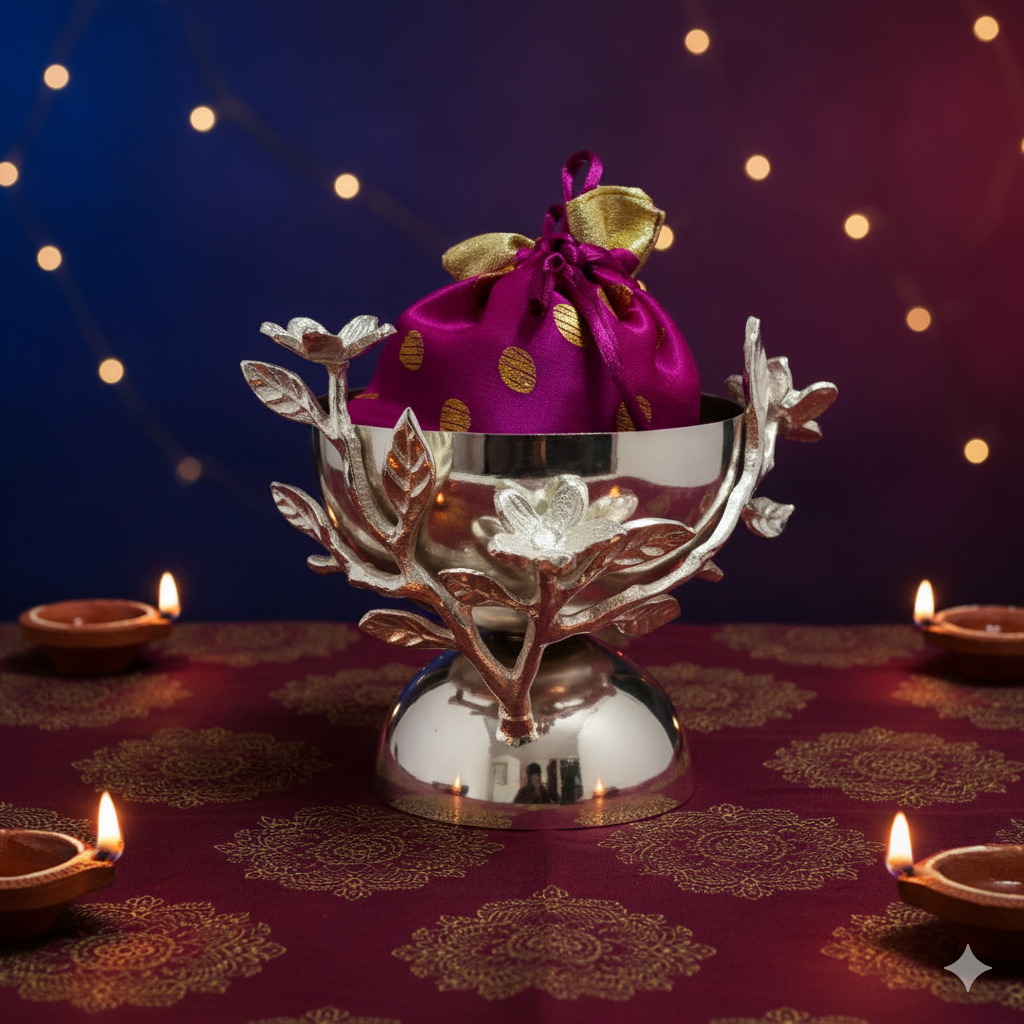 Decorative silver bowl with a purple fabric bag on a patterned surface with candles and lights in the background.