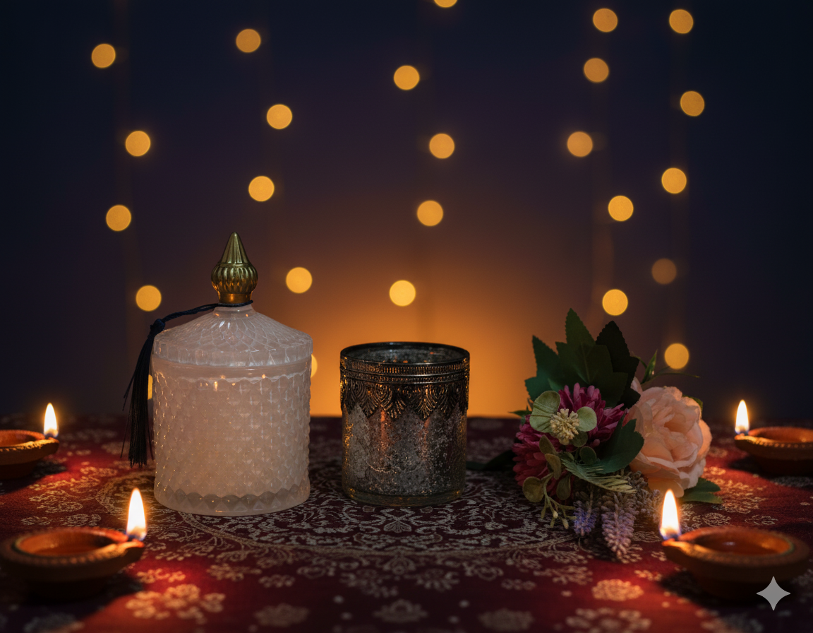 Blossom Hampers Eternal Bloom Luxe Hamper featuring, silver embossed tea light holder, and flowers.