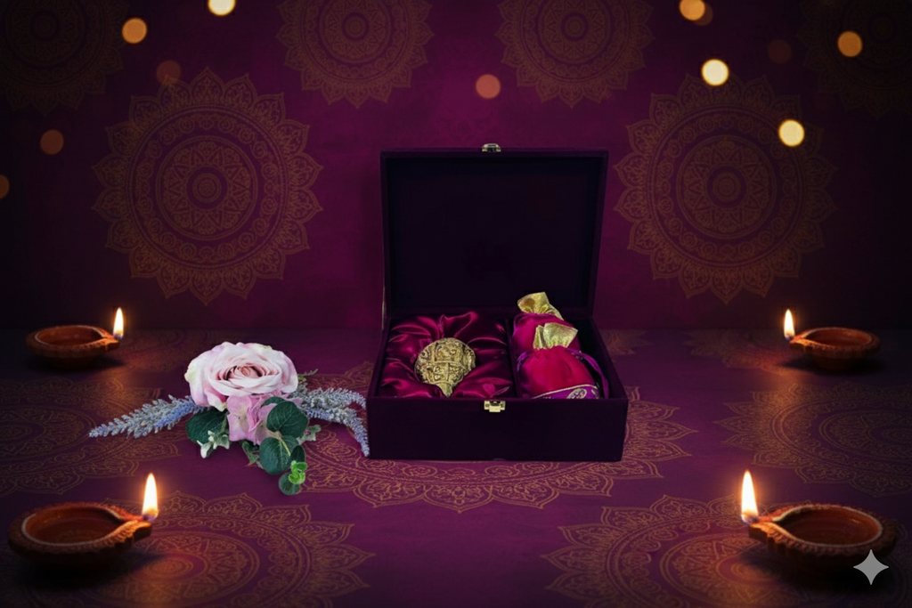 Decorative setup with a box, flowers, Brass Shankh and lit candles on a purple background