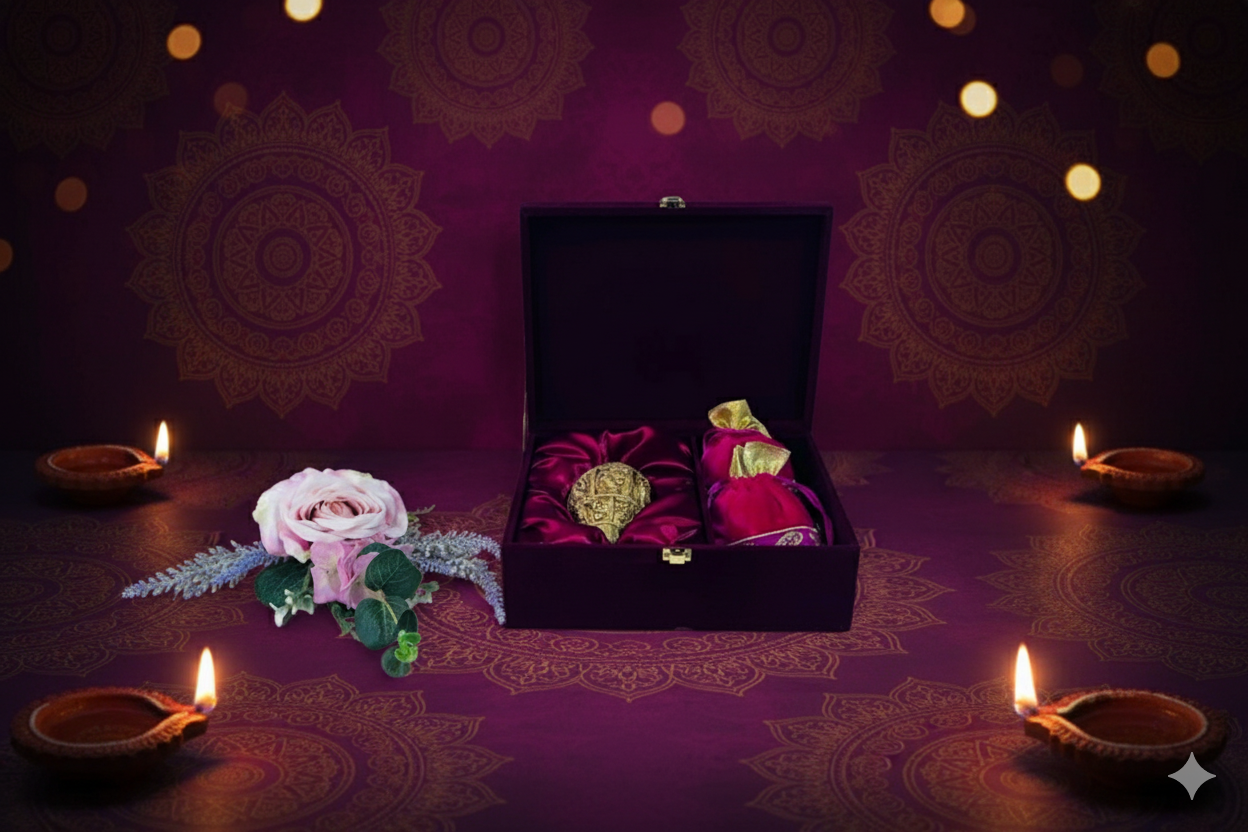 Decorative setup with a box, flowers, Brass Shankh and lit candles on a purple background