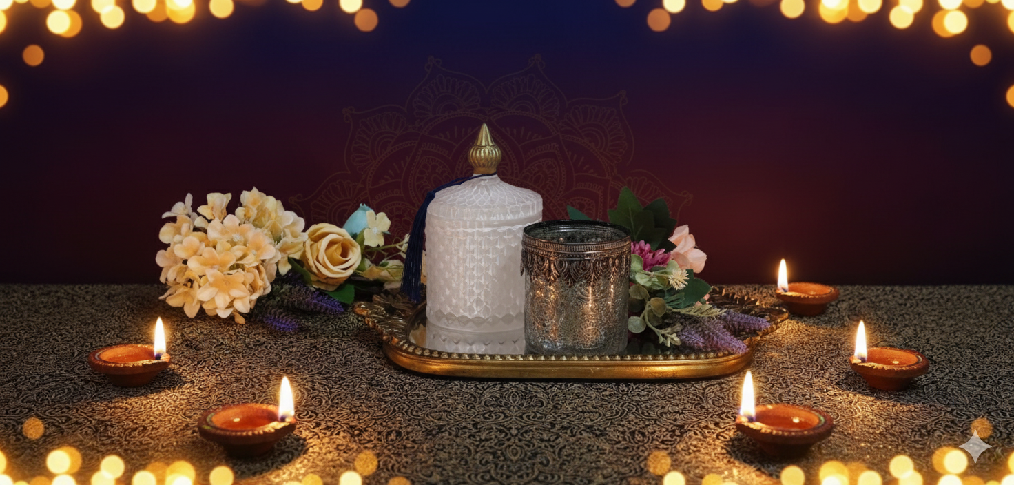 Blossom Hampers Eternal Bloom Luxe Hamper featuring an antique brass mirror tray, silver embossed tea light holder, and flowers.