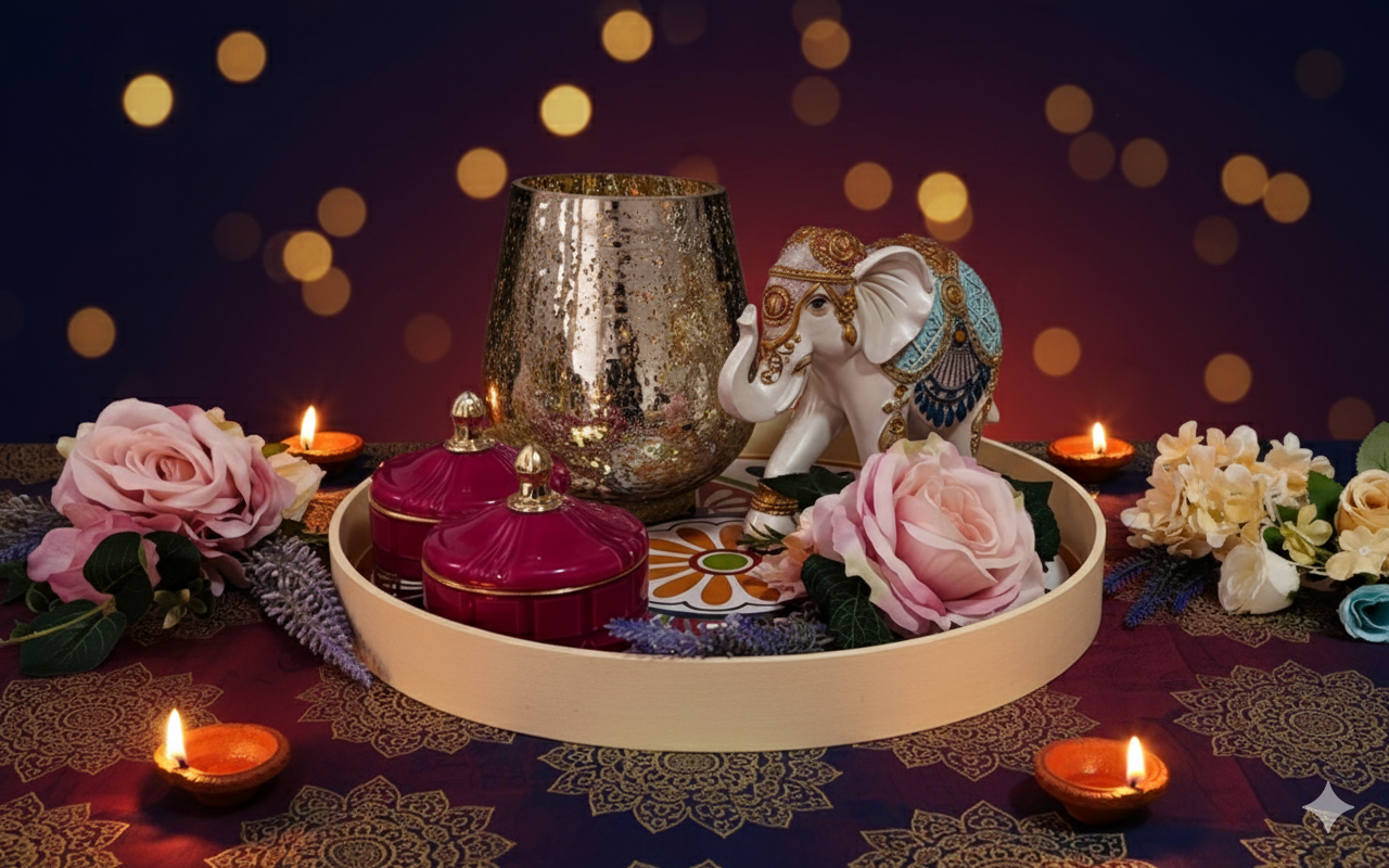 Blossom Hampers Royal Elegance Hamper with a white and gold elephant figurine on a 40cm handpainted floral wooden tray, with pink nut jars.