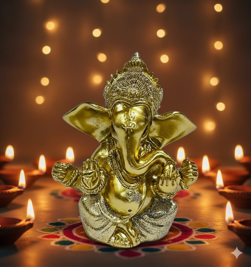 Ganesha on a colorful mat with lit diya candles in the background