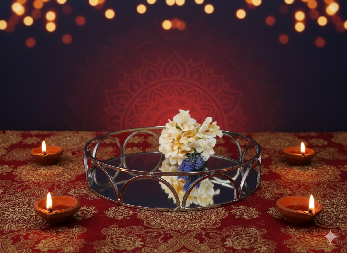 Decorative setup with a metallic bowlreflective tray and  flowers, and lit candles on a patterned fabric with a dark background.