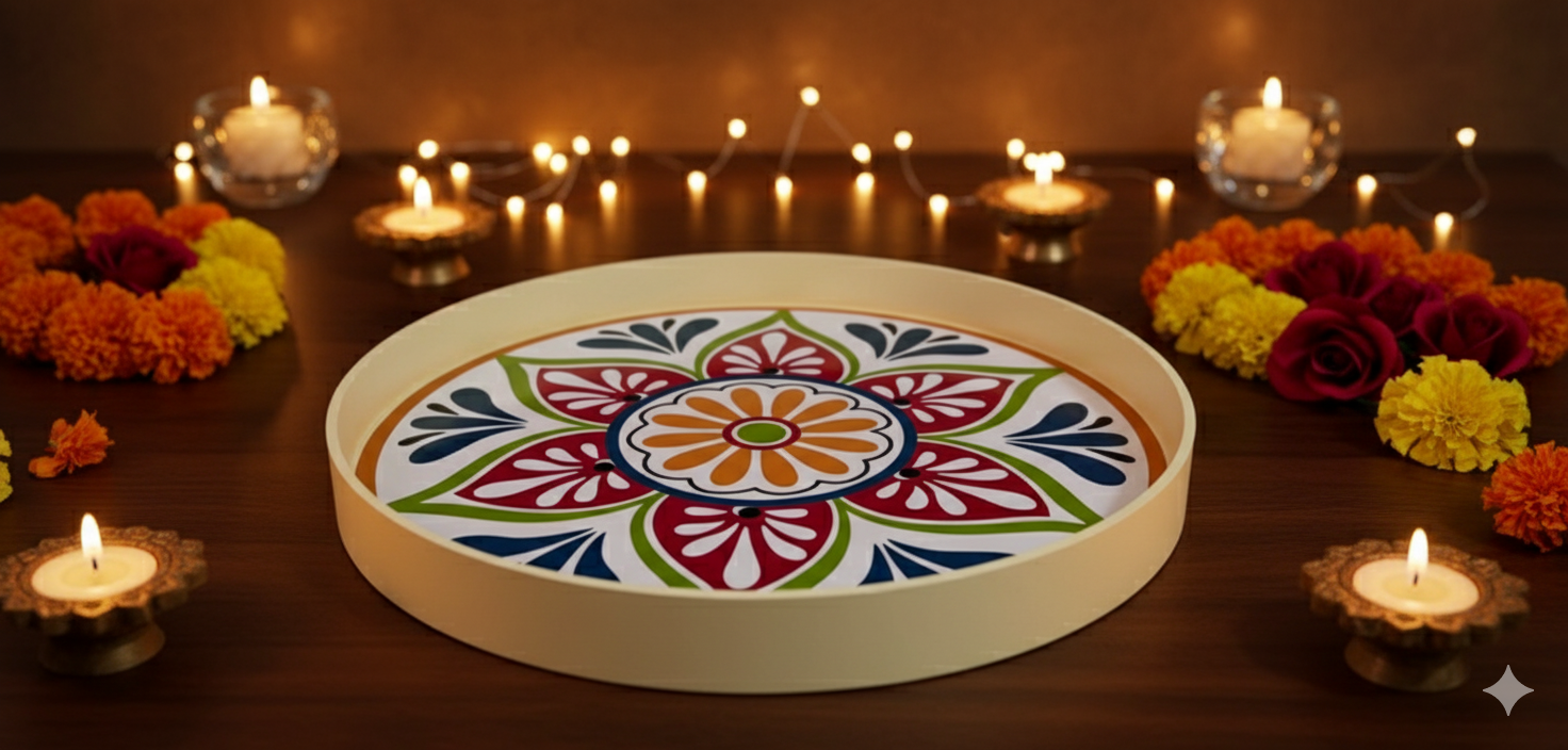 Decorative rangoli with colorful patterns on a wooden surface surrounded by candles and flowers.