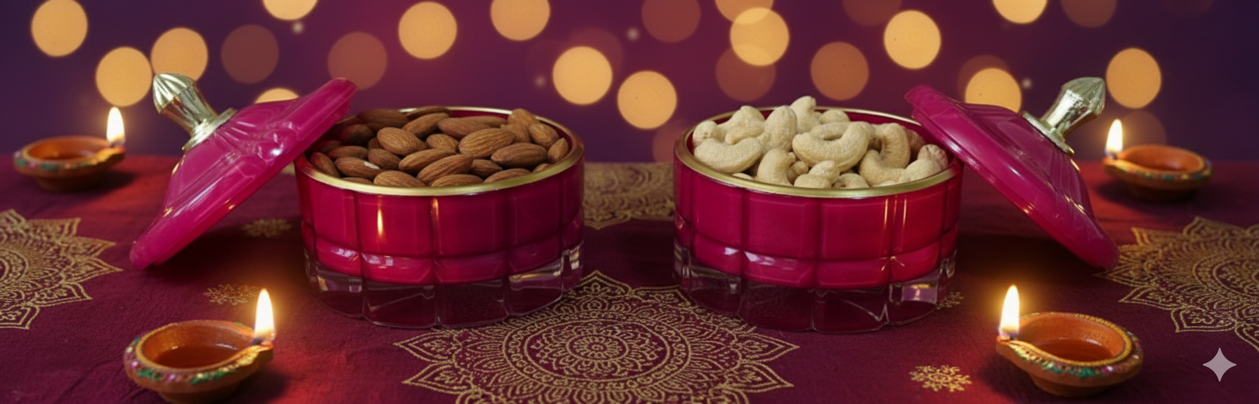Decorative containers with nuts on a purple background with Diwali lights