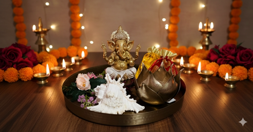 Blossom Hampers Luxury Ganesha Idol Gift Hamper with gold-toned idol, lotus candle holder, Shankh, Potlis and hammered tray, surrounded by diyas for Diwali.
