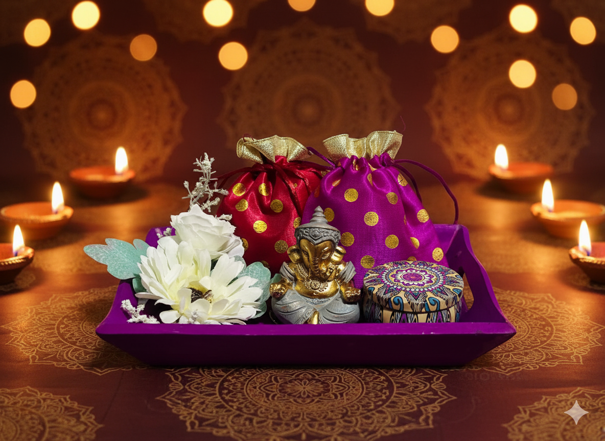Blossom Hampers Ganesha Bliss Hamper with Ganesha idol, dry fruit potlis, and scented candle tin on a self-designed wooden tray.