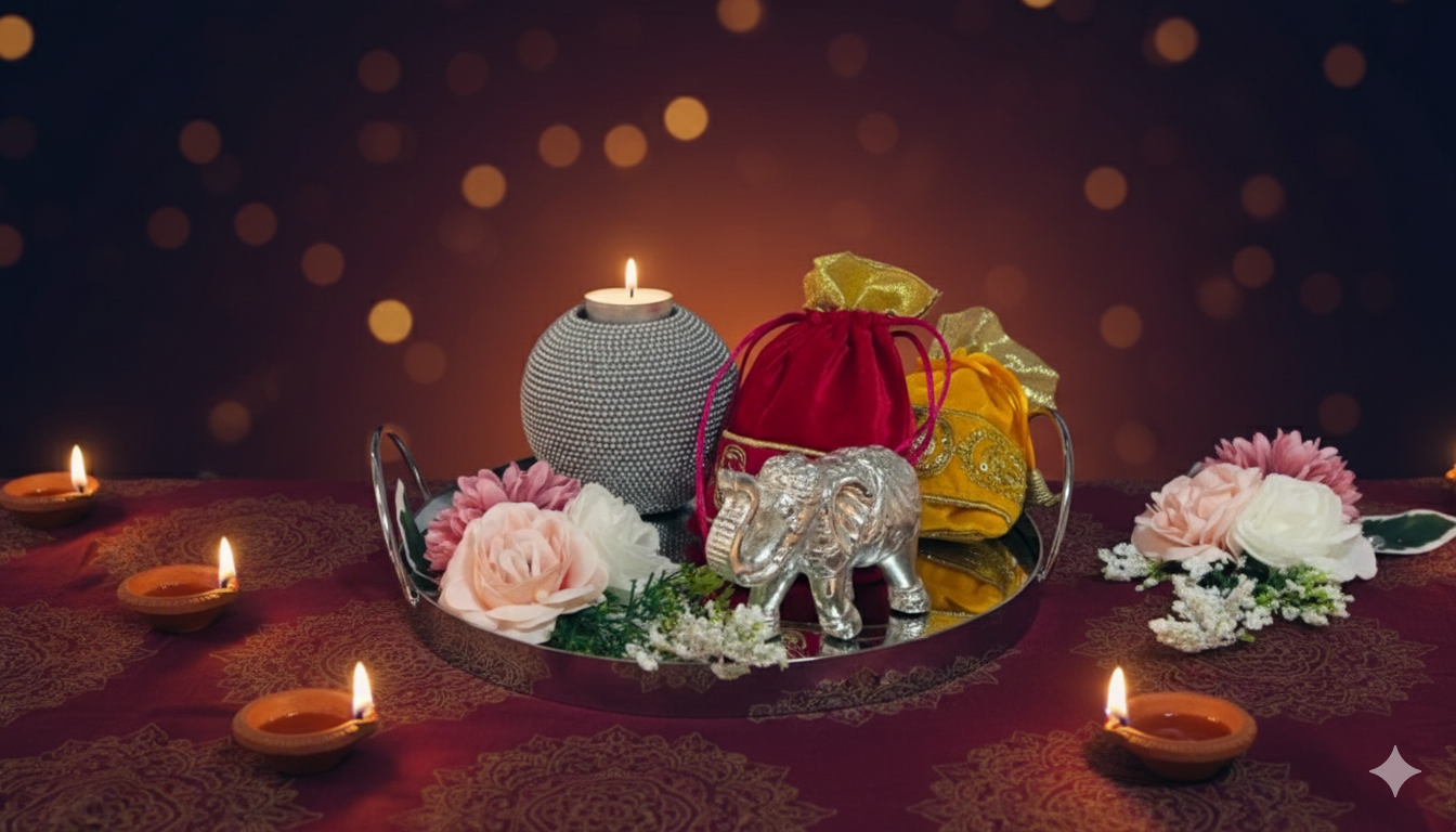 Blossom Hampers Crystal Bloom Celebration Tray with silver-plated elephant statue, silver ball candle holder, and mirror tray.