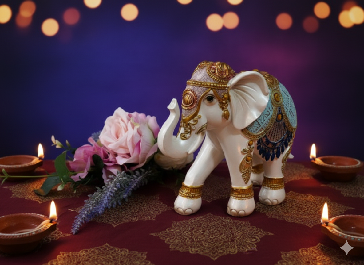 Decorative elephant figurine with gold accents on a table with flowers and lit candles against a dark background.