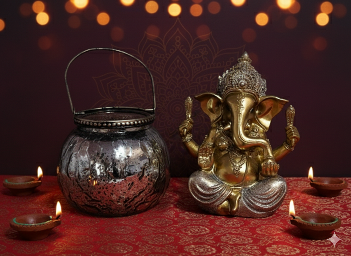 Decorative setup with a metallic lantern and a gold Ganesha statue on a red surface with lit candles.