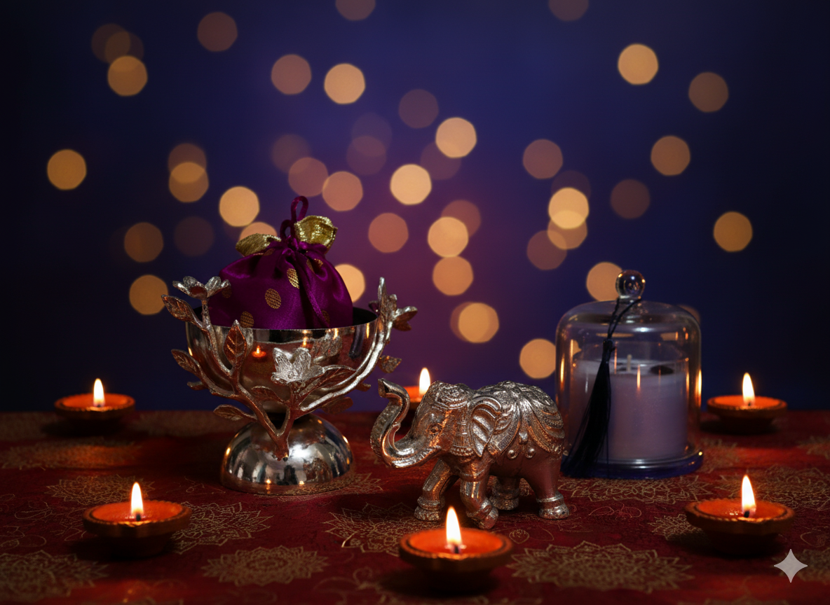 Decorative setup with silver elephant, lit candles, and a purple pot against a bokeh light background.