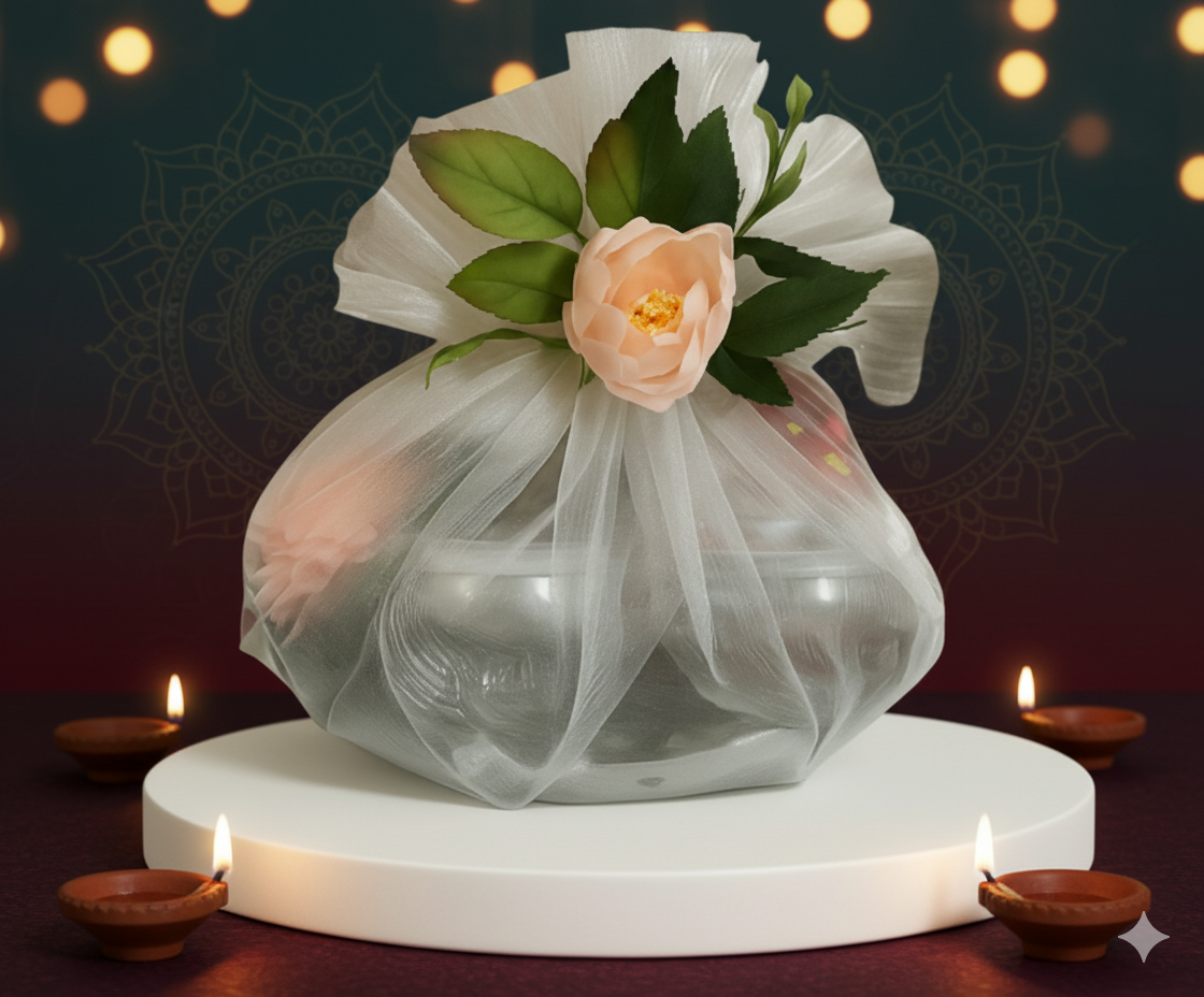 Beautifully packed Blossom Hampers Ganesha's Glimmer Hamper with Golden Ganesha Idol, silver leaf-shaped tray, and two glass tea light holders.