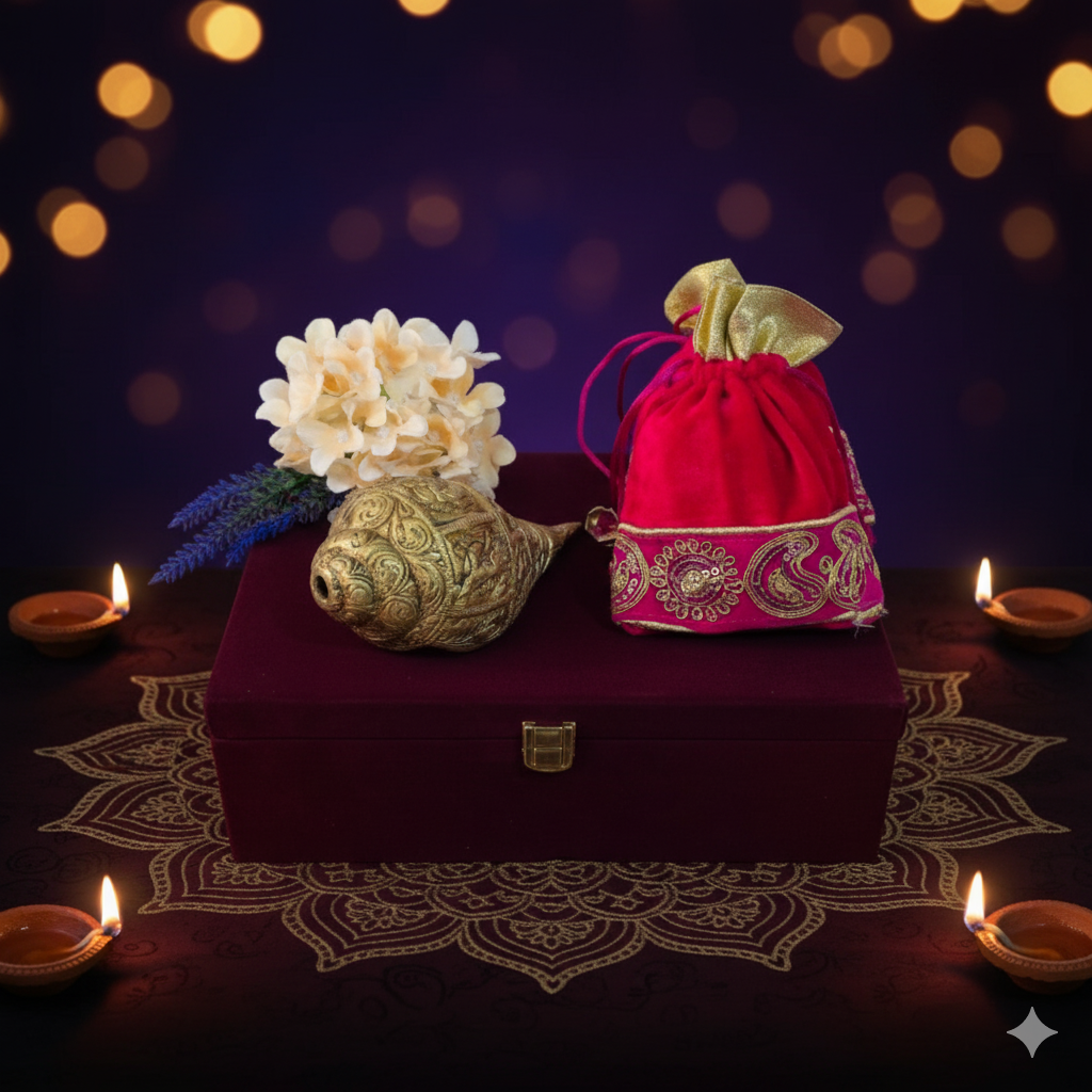 Blossom Hampers Divine Brass Shankh Gift Set with velvet box and dry fruit potli pouches, displayed with diyas for festive occasions.