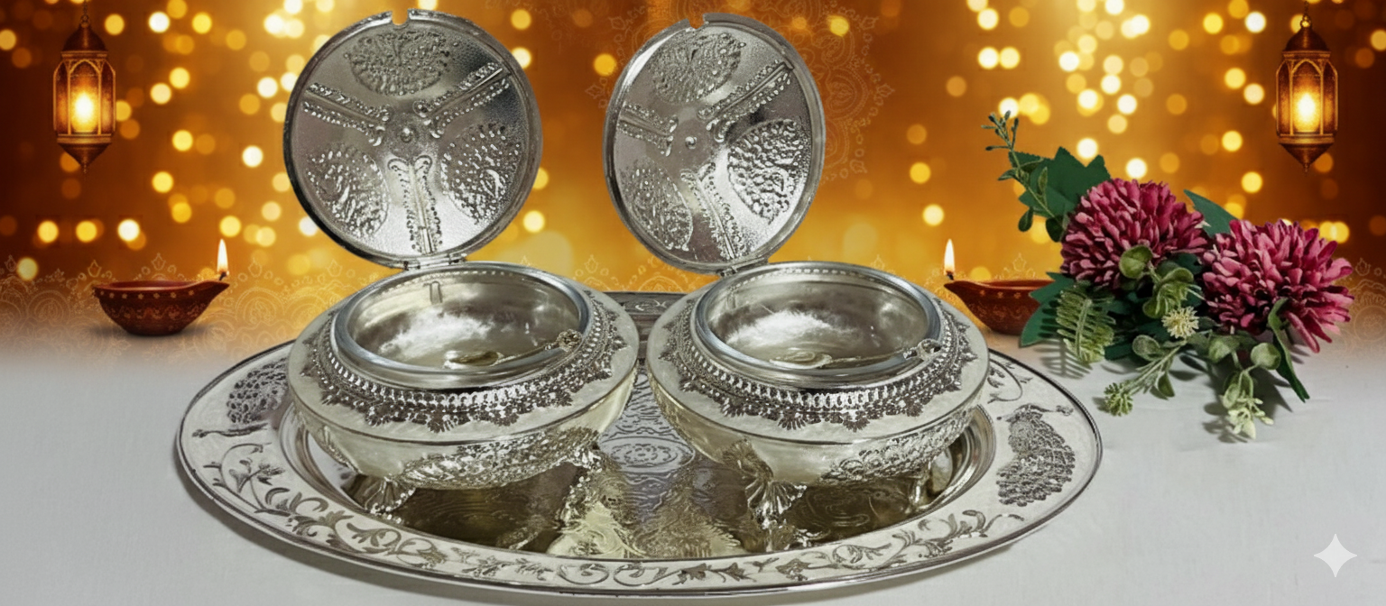 Decorative silver bowls on a tray.