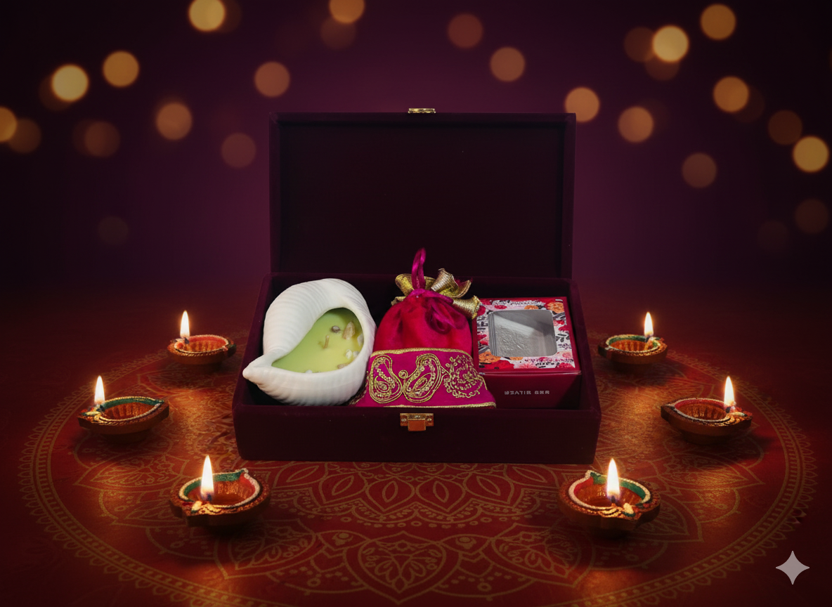 Gifting set with a white Shankh Candle, pink Potli , and 999 silver lakshmi Ganesh inside a velvet box on a dark background with lit candles.