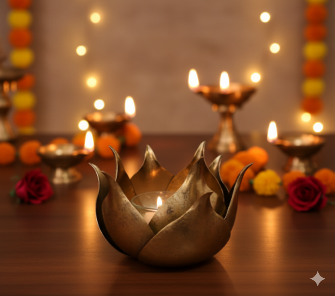 Decorative candle holders with candles on a wooden surface, surrounded by flowers and lights.