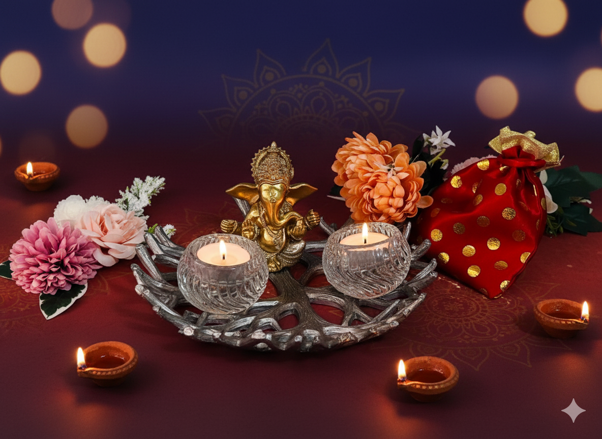 Blossom Hampers Ganesha's Glimmer Hamper with Golden Ganesha Idol, silver leaf-shaped tray, and two glass tea light holders.