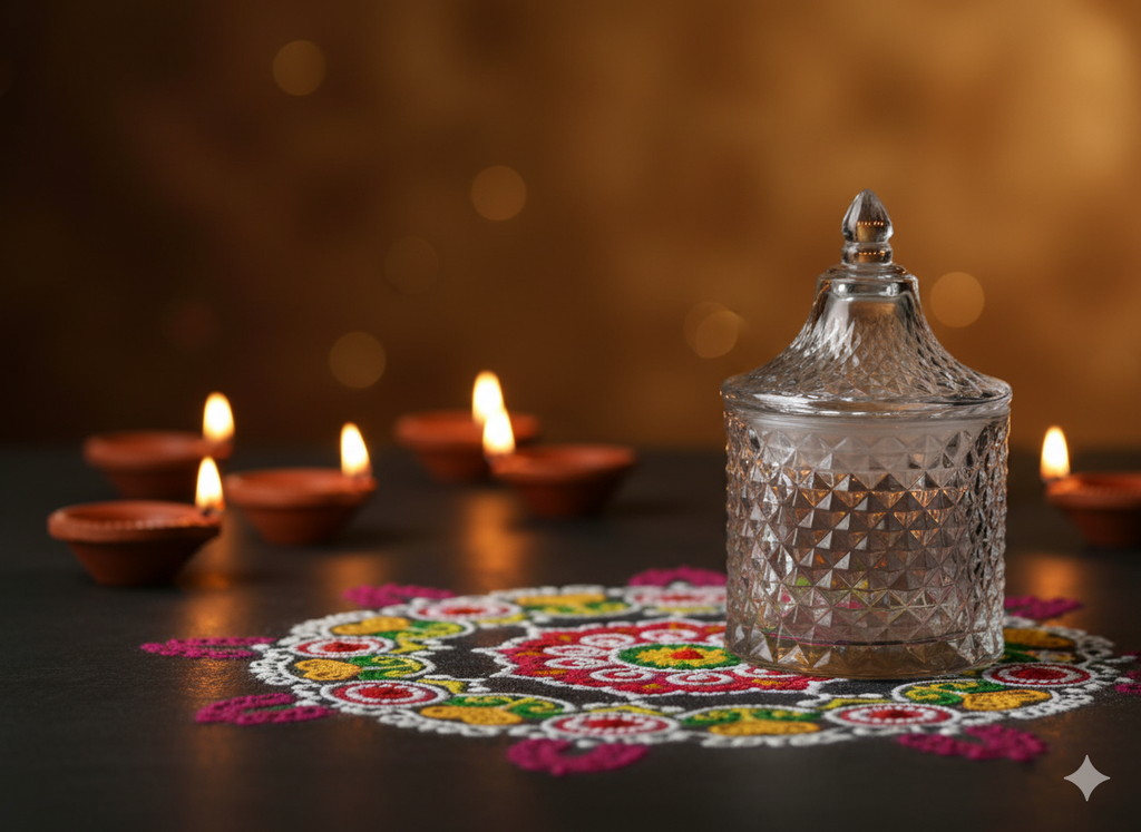 Decorative glass container with colorful rangoli design and lit diya candles on a dark surface.