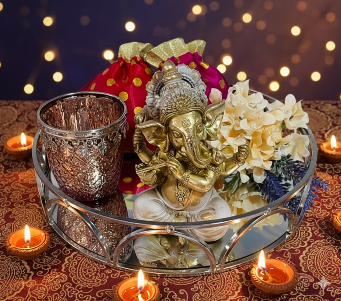 Blossom Hampers Divine Harmony Ganpati Idol Gift Set on a round mirror tray with designer candle holder and dry fruit potlis. with an aestheic good background