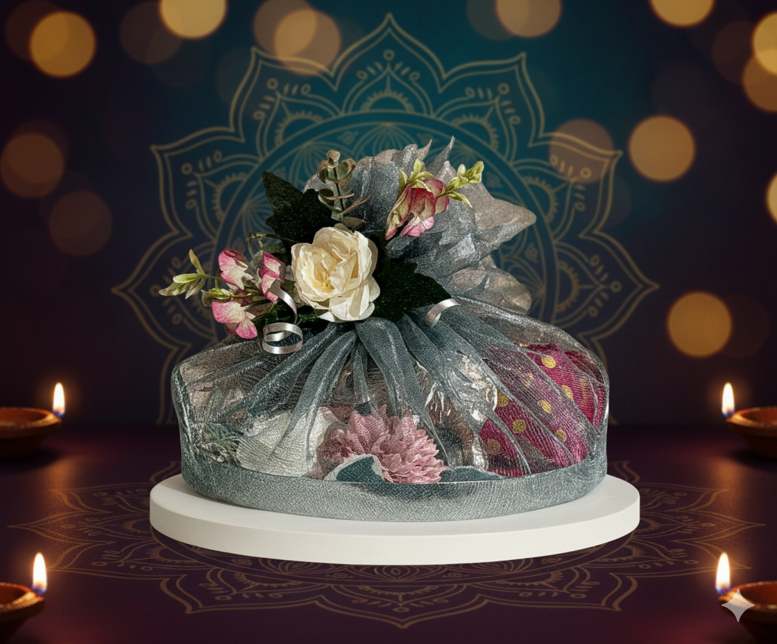 Decorative flower arrangement in a Packed Hamper which Contains a Mirror Decor tray,Elephant etc. on a dark background with candles.