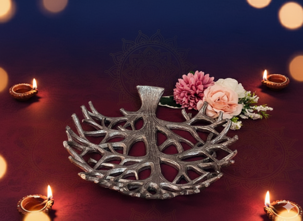 Decorative silver leaf-shaped dish with flowers on a dark background with lit candles