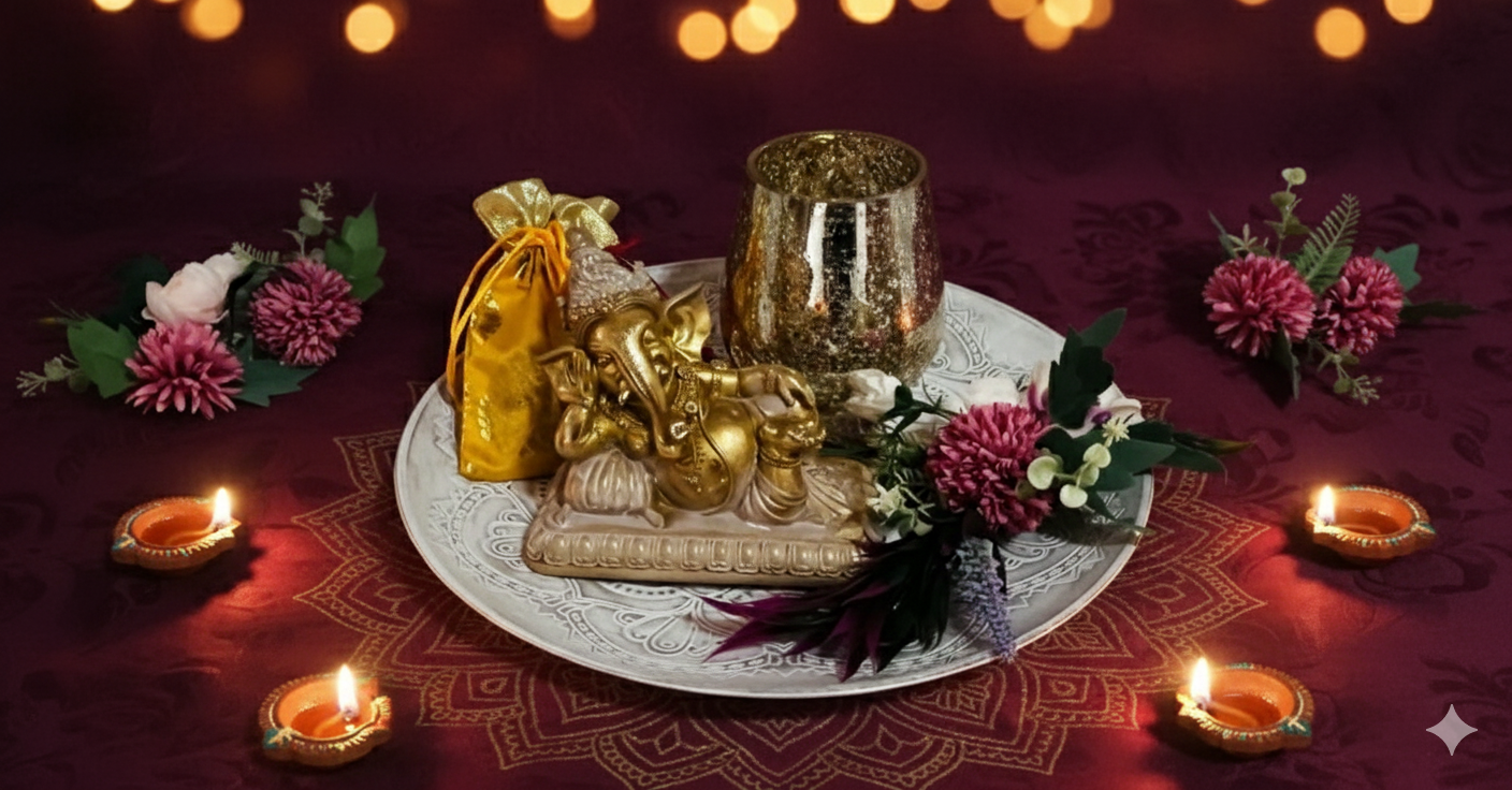 Blossom Hampers Festive Ganesha Hamper with golden idol, Moroccan tray, mercury-glass candle holder, and dry fruit potli pouches.