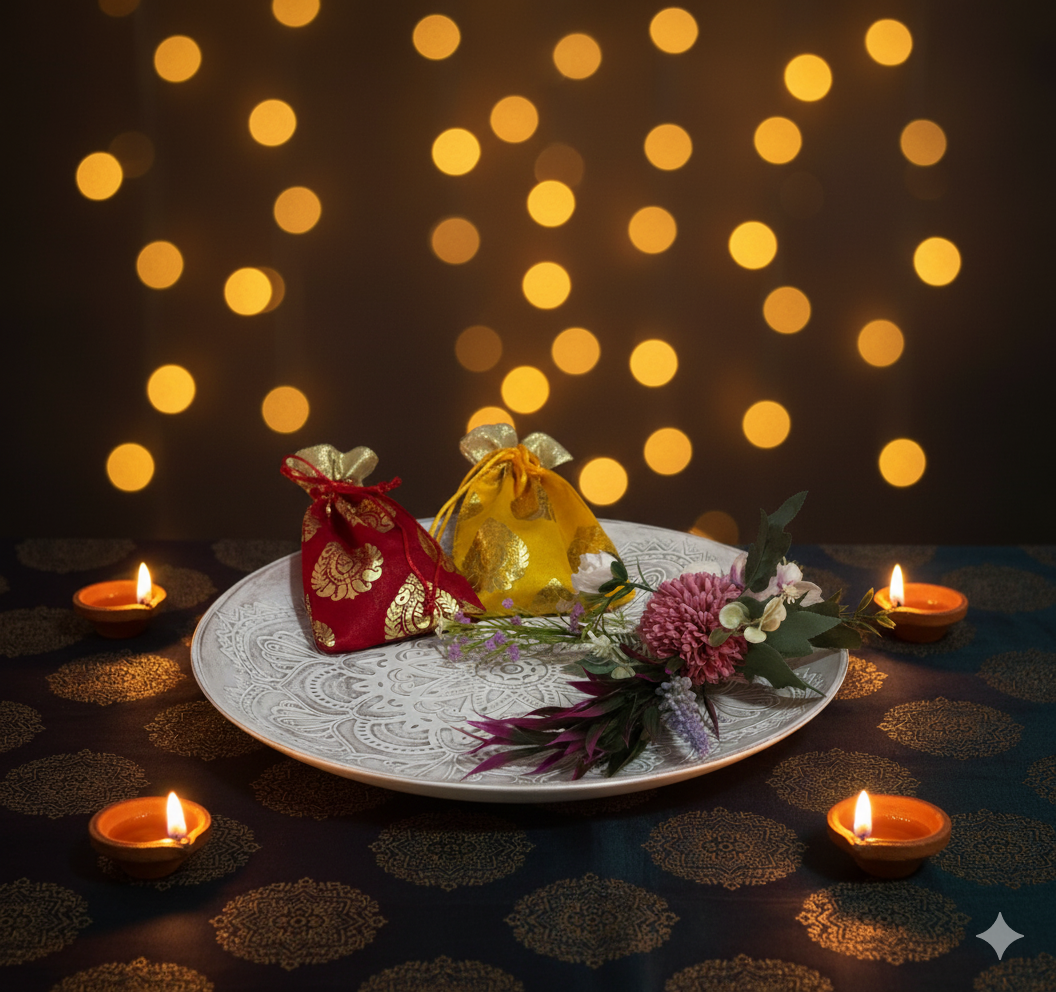 Decorative plate with flowers, small bags, and lit candles on a dark surface with a bokeh light background.