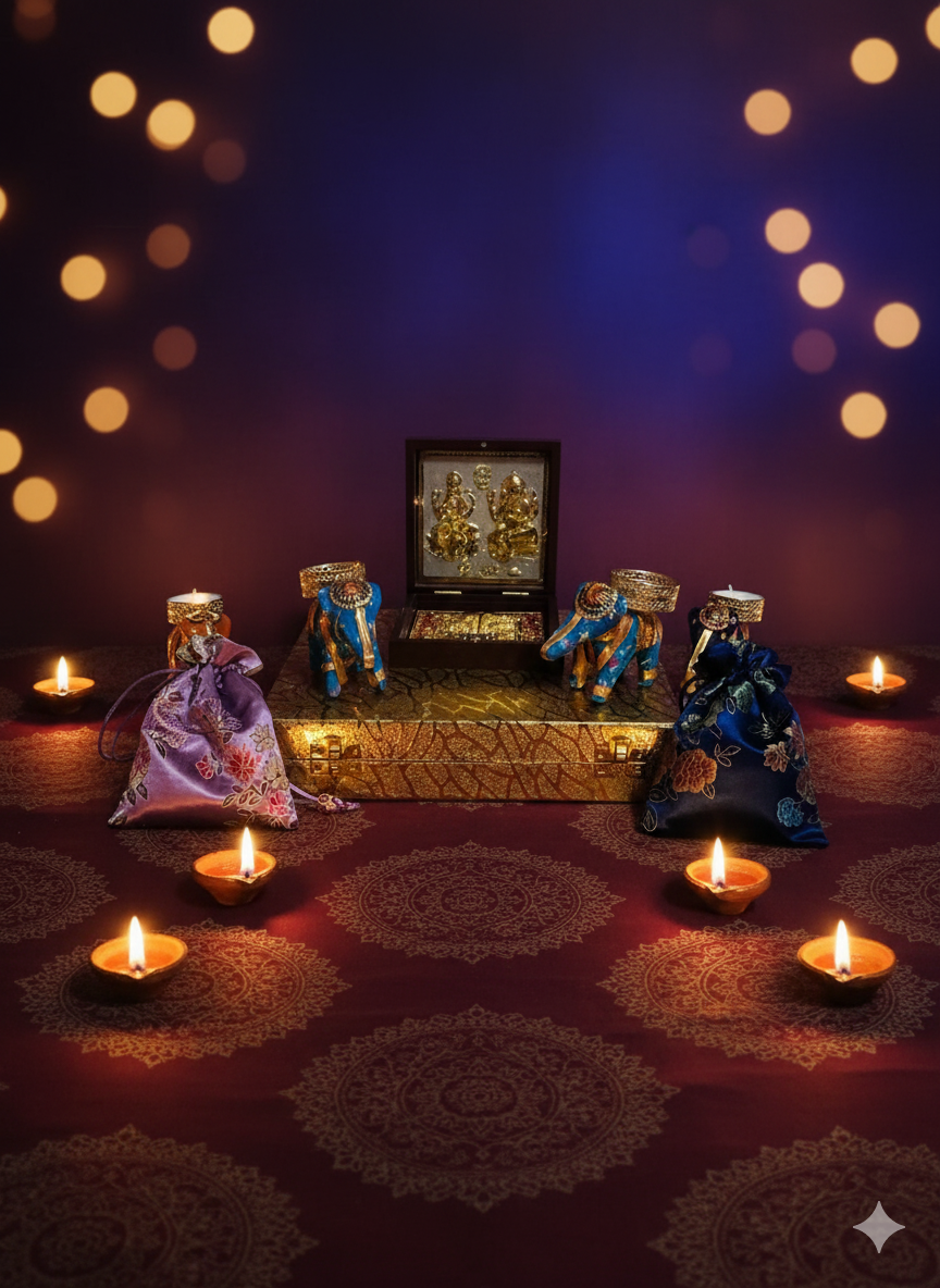 Blossom Hampers Royal Abundance Hamper with gold-plated Lakshmi Ganpati frame, two elephant tea light holders, and golden decorative box.