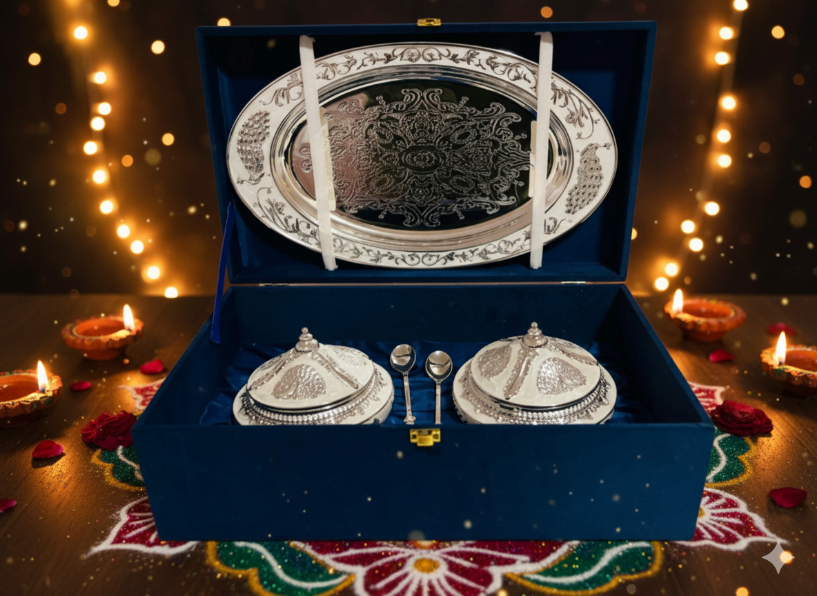 Blossom Hampers Regal Twin Ornate Silver Bowls Set on an engraved tray, presented in a luxury blue velvet gift box for weddings or festive gifting.