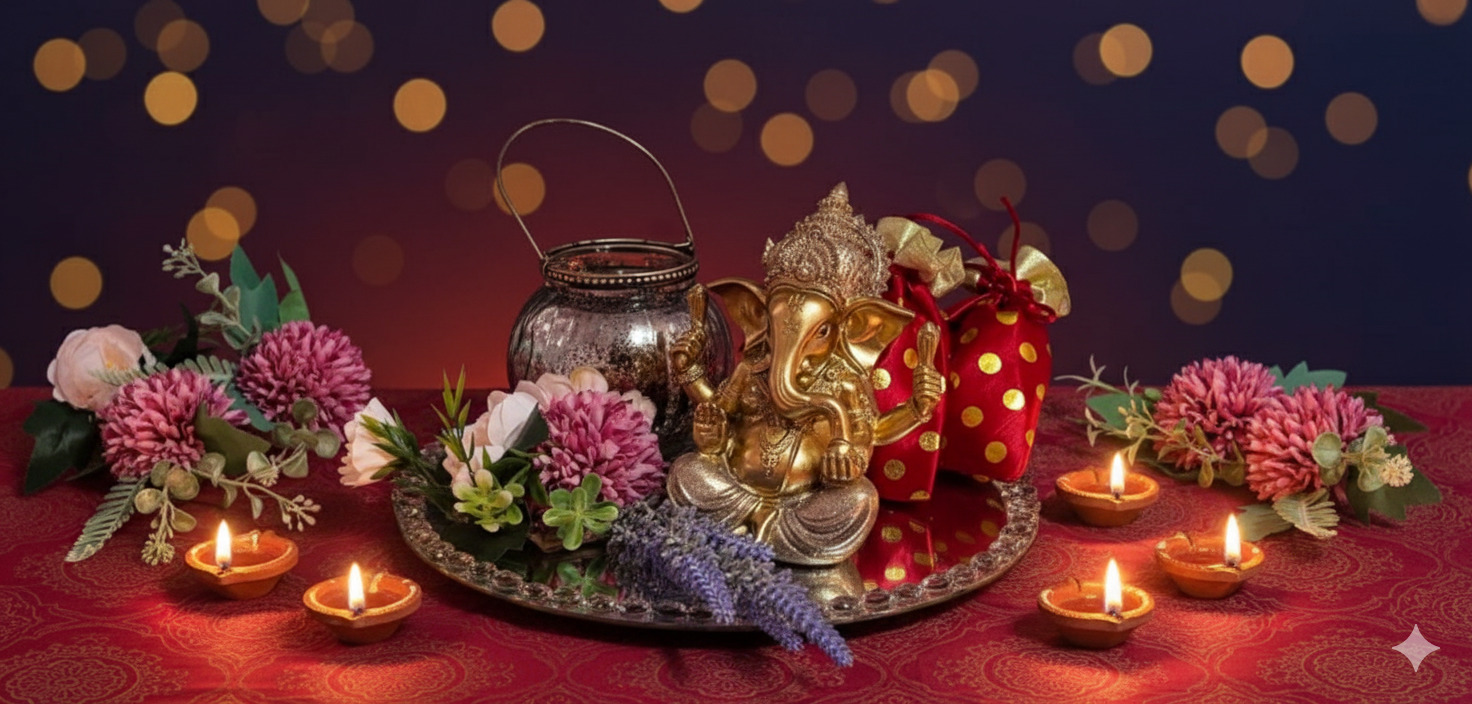 Blossom Hampers Ganesha Idol Lazy Susan Gift Set with gold-toned idol, silver revolving tray, and Luminous Sphere tea light holder for Diwali.