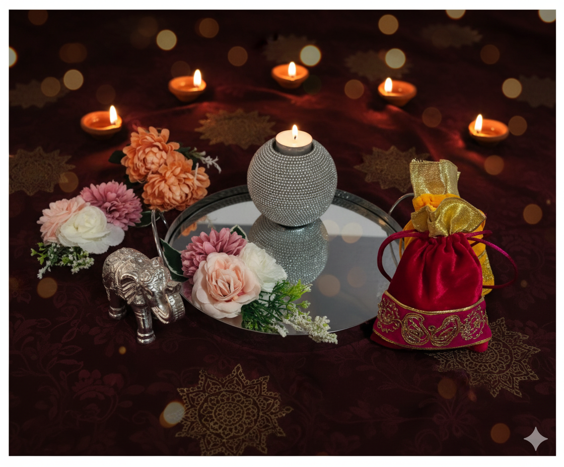 Decorative setup with candles, flowers, and a small elephant figurine on a dark background.