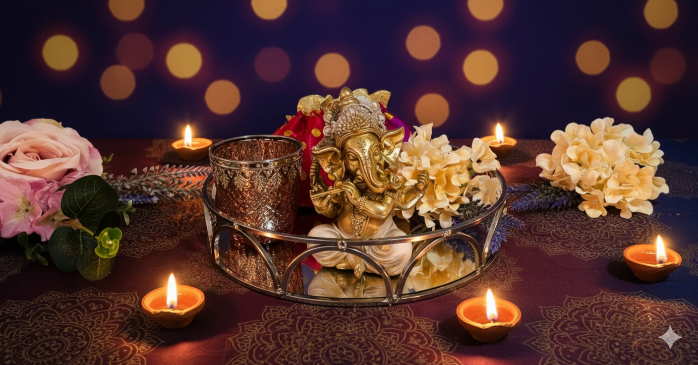 Blossom Hampers Divine Harmony Ganpati Idol Gift Set on a round mirror tray with designer candle holder and dry fruit potlis.