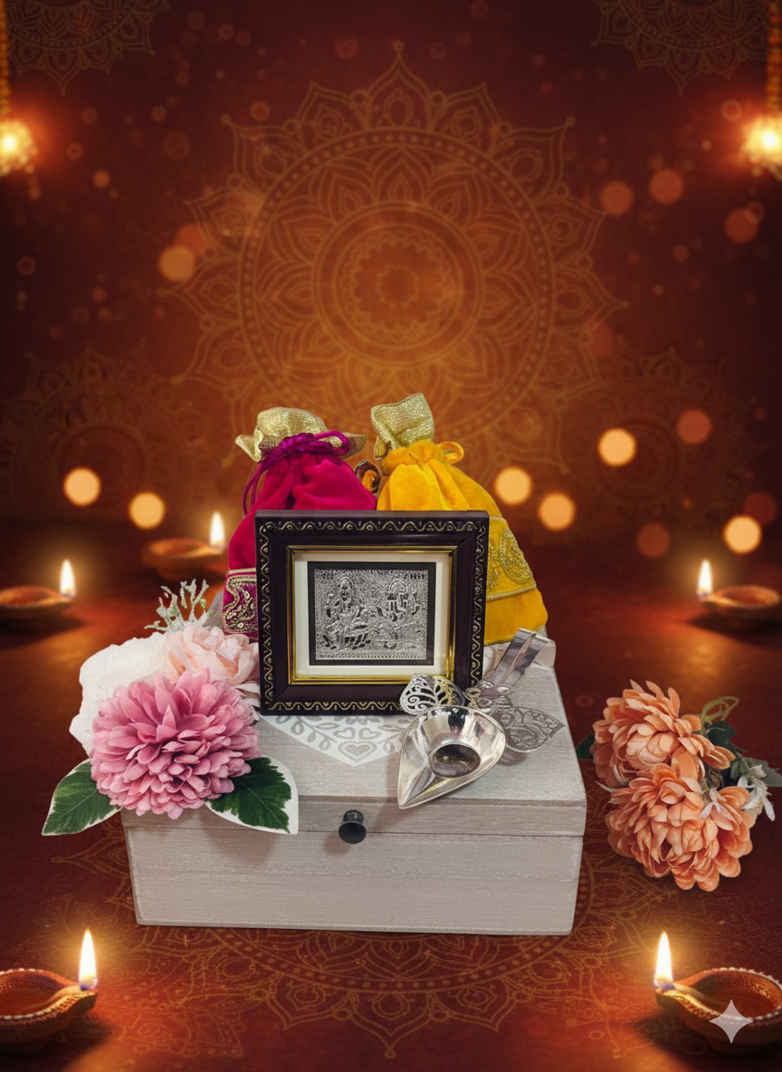 Decorative setup with flowers, 999 silver Lakshmi Ganesh, Aarti Spoon, and decorative items on a wooden box against a warm background.