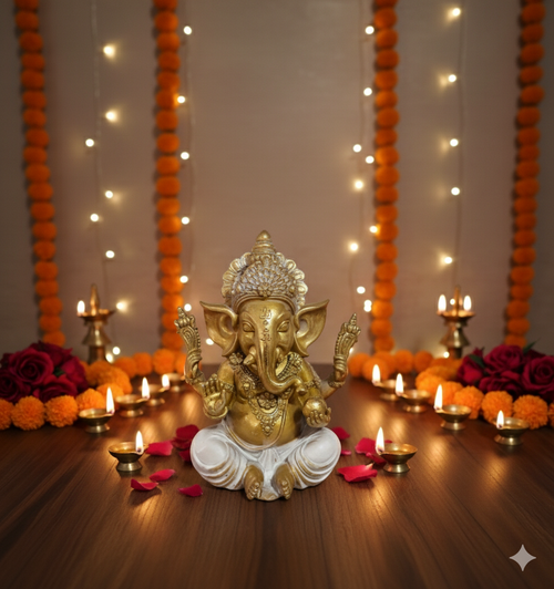 Decorative setup with a golden Ganesha statue.