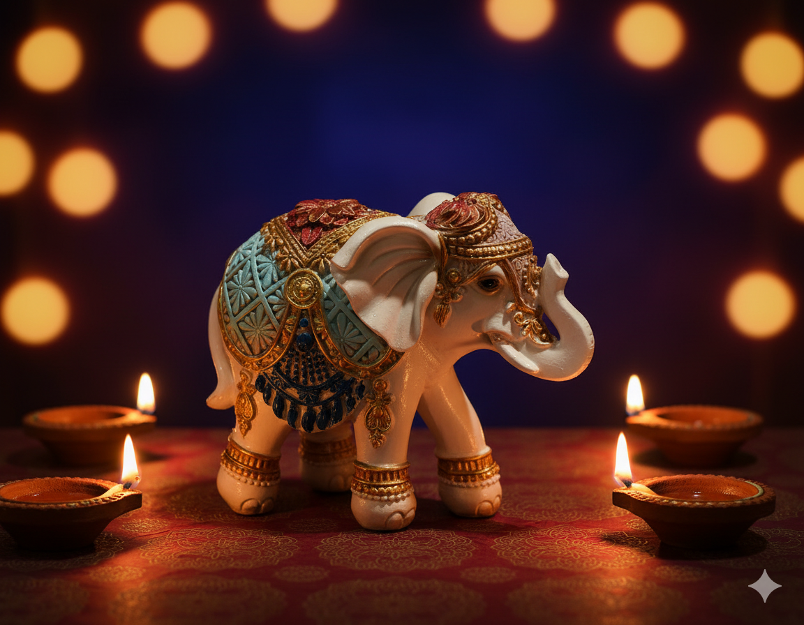 Decorative elephant figurine with jewelry on a dark background with lit candles