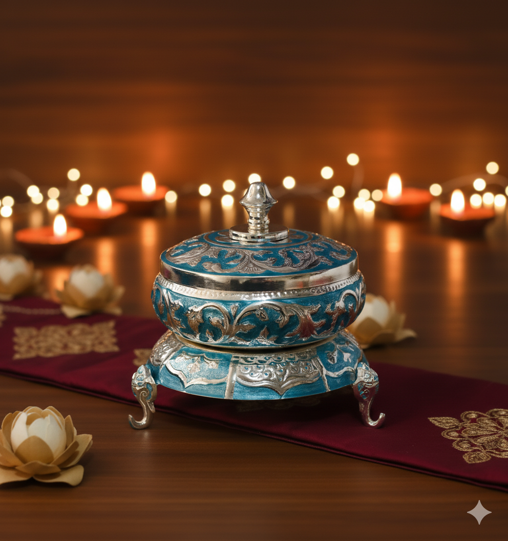 Decorative blue and silver container on a wooden surface with candles in the background