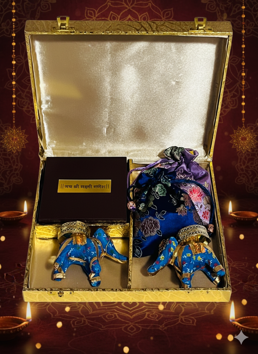 Decorative elephant figurines in a decorative box with a warm, glowing background.